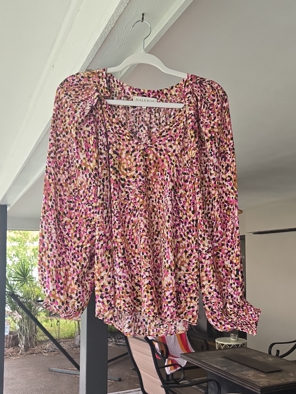 Hale Bob Pink Multi-Dot V-Neck Long Sleeve Blouse